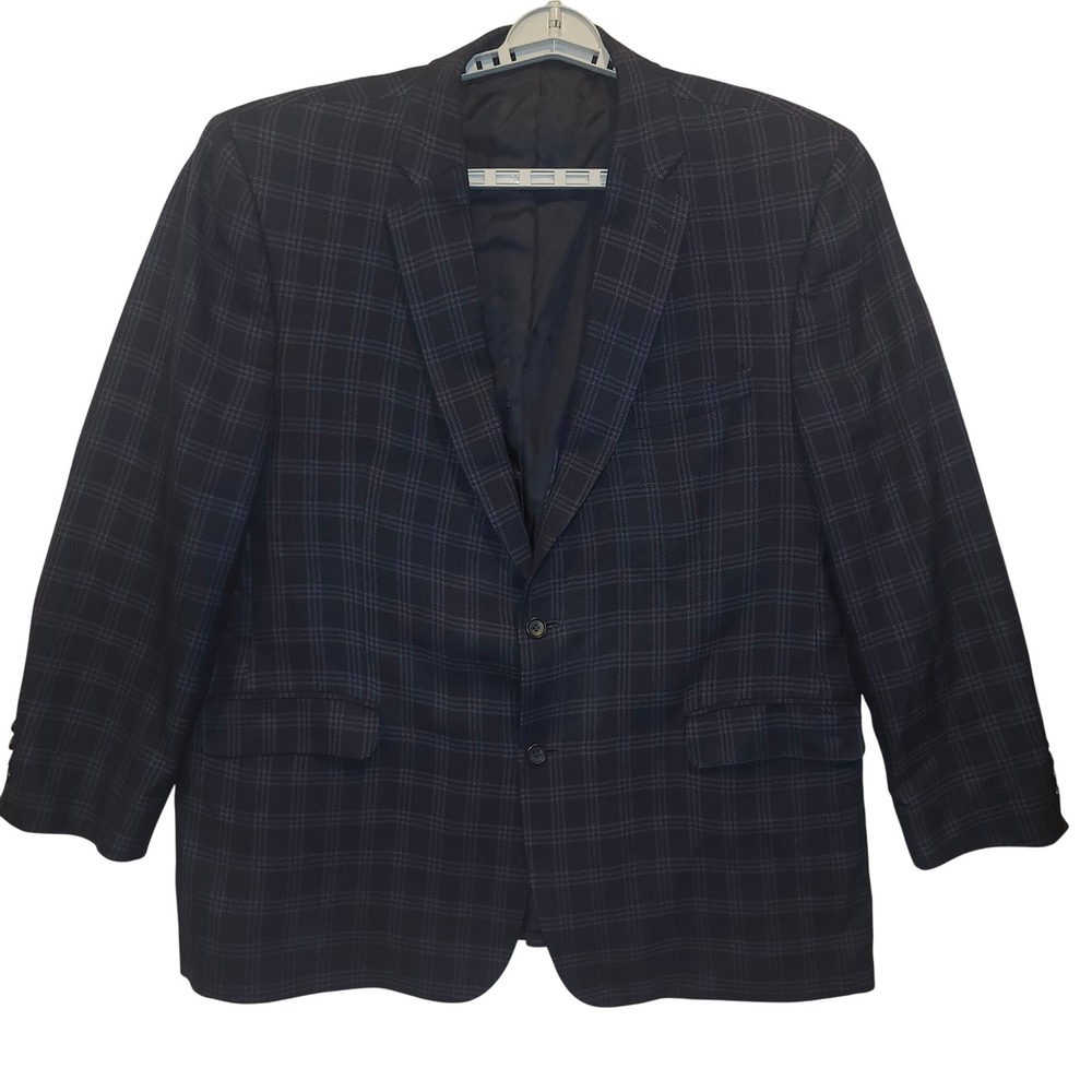 Jos. A. Bank Reserve Mens 48 Long Silk Wool Navy Blue Plaid Blazer Sport Coat